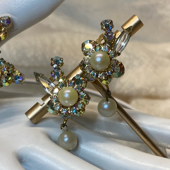 VINTAGE JULIANA D&E AB RHINESTONE FAUX PEARL STAR BROOCH PIN & EARRING SET #786 - Picture 7 of 16